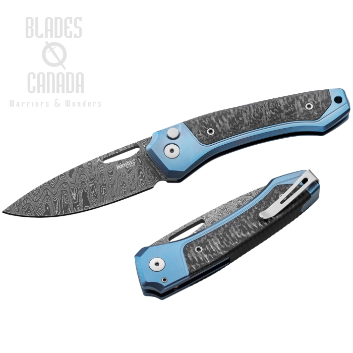 Lion Steel Twain Button Lock Folding Knife, Damascus, Titanium Blue/CF, TW D BL